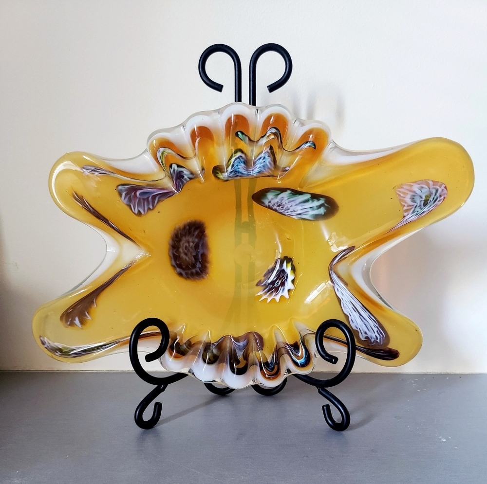 Vtg Murano Millefiori Alabaster White Amber Blown Glass Ashtray Italy